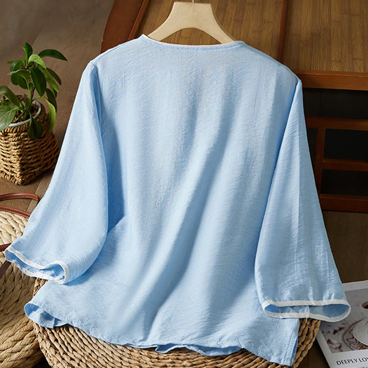 Buddha Stonesカジュアル レディース 花柄 刺繍柄 カエルボタン 斜め襟デザイン 七分袖 コットンリネン シャツ - image 13