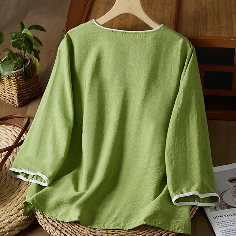 Buddha Stonesカジュアル レディース 花柄 刺繍柄 カエルボタン 斜め襟デザイン 七分袖 コットンリネン シャツ - image 26