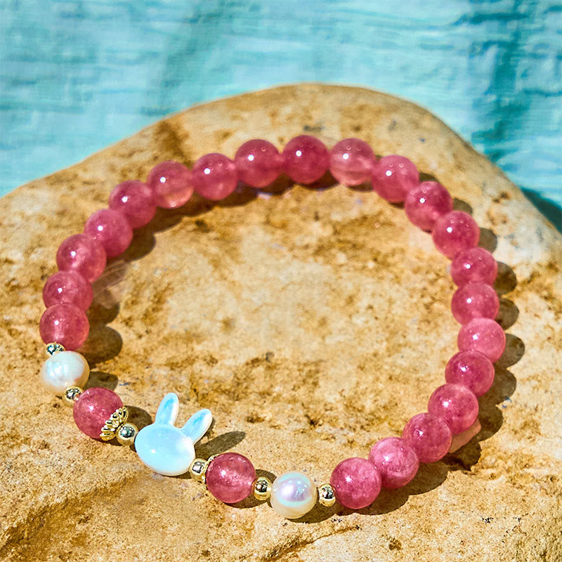 Buddha Stonesストロベリークォーツ パール 猫 ウサギ ヒーリングブレスレット - image 3