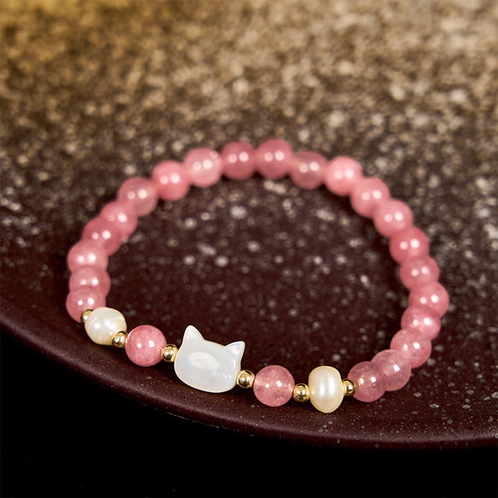 Buddha Stonesストロベリークォーツ パール 猫 ウサギ ヒーリングブレスレット - image 7