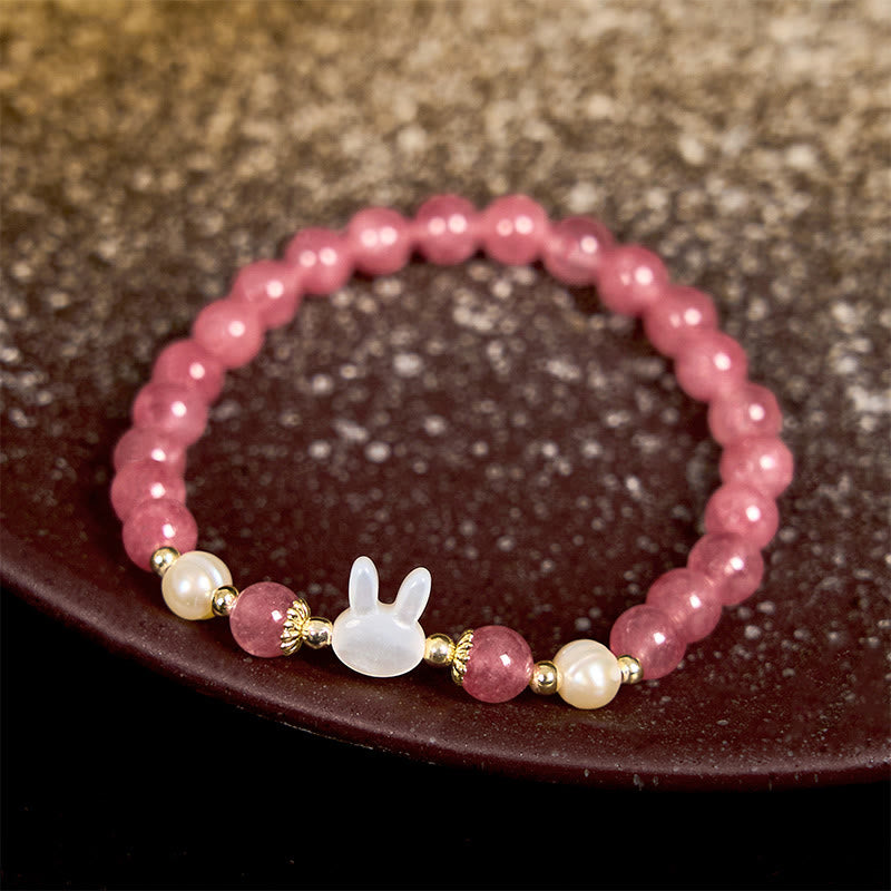 Buddha Stonesストロベリークォーツ パール 猫 ウサギ ヒーリングブレスレット - image 2
