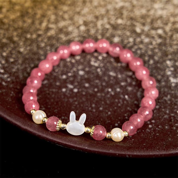 Buddha Stonesストロベリークォーツ パール 猫 ウサギ ヒーリングブレスレット - image 2