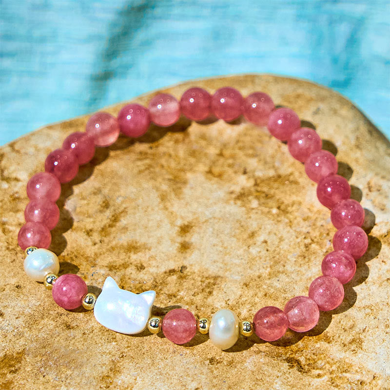 Buddha Stonesストロベリークォーツ パール 猫 ウサギ ヒーリングブレスレット - image 9