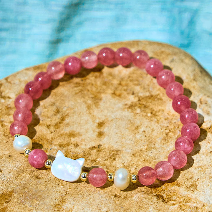 Buddha Stonesストロベリークォーツ パール 猫 ウサギ ヒーリングブレスレット - image 9