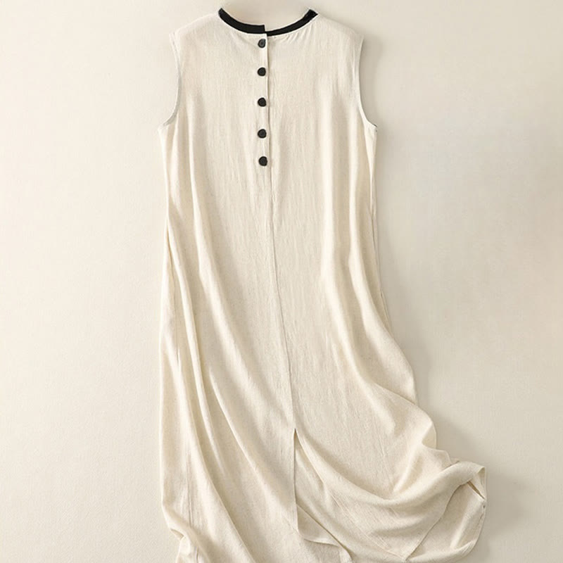 Buddha Stonesカジュアルステッチカラーハンドメイドボタンデザインミディドレスポリエステルノースリーブドレスポケット付き - image 6