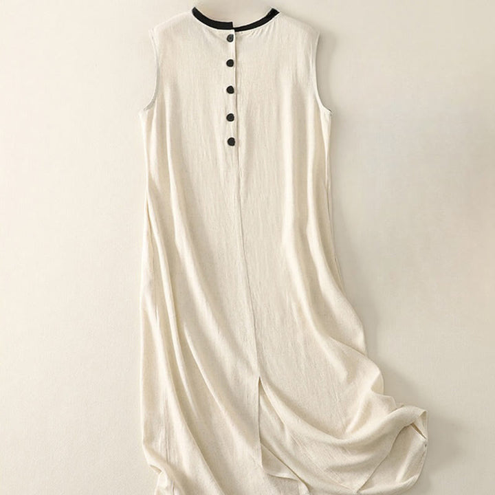 Buddha Stonesカジュアルステッチカラーハンドメイドボタンデザインミディドレスポリエステルノースリーブドレスポケット付き - image 6