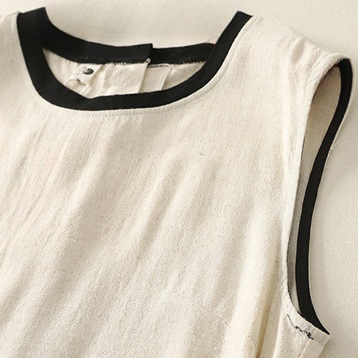 Buddha Stonesカジュアルステッチカラーハンドメイドボタンデザインミディドレスポリエステルノースリーブドレスポケット付き - image 8