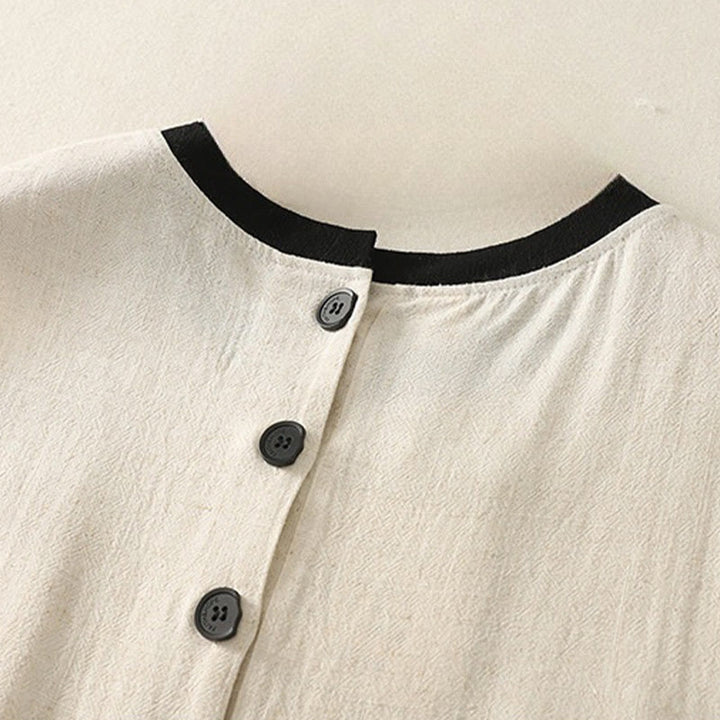 Buddha Stonesカジュアルステッチカラーハンドメイドボタンデザインミディドレスポリエステルノースリーブドレスポケット付き - image 10