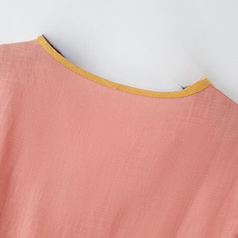 Buddha Stonesサマーカジュアル ステッチカラー レースアップデザイン Vネック 半袖 ミディドレス - image 3