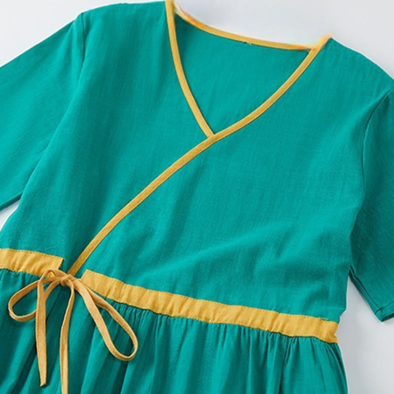 Buddha Stonesサマーカジュアル ステッチカラー レースアップデザイン Vネック 半袖 ミディドレス - image 10