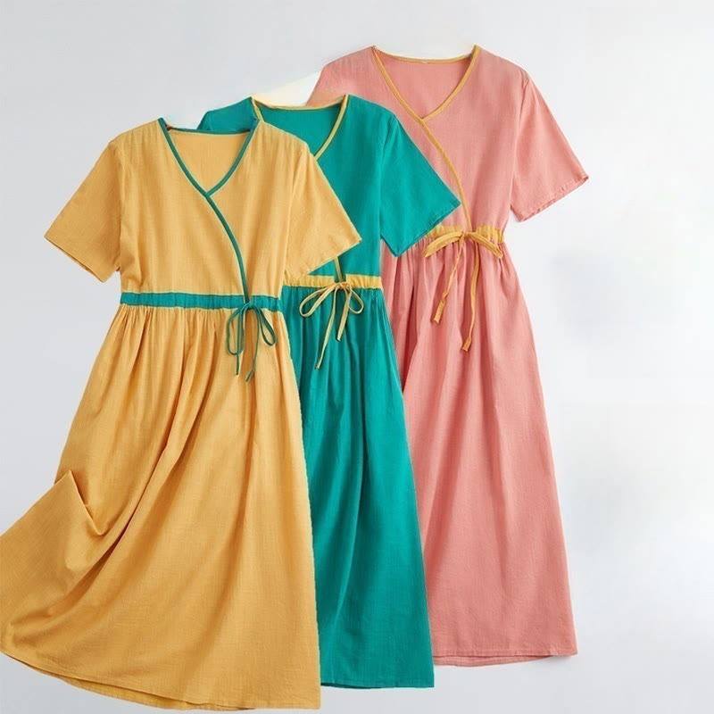 Buddha Stonesサマーカジュアル ステッチカラー レースアップデザイン Vネック 半袖 ミディドレス - image 15