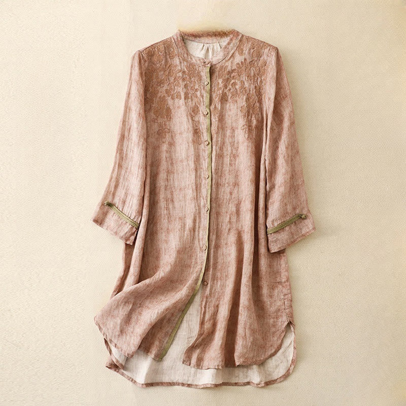 Buddha Stonesサマーカジュアル刺繍スタンドカラーデザイン七分袖アクリルミディドレス - ピンク - US8-10，UK/AU12-14，EU40-42 (2XL) - image 18