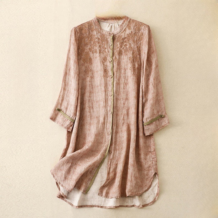 Buddha Stonesサマーカジュアル刺繍スタンドカラーデザイン七分袖アクリルミディドレス - ピンク - US8-10，UK/AU12-14，EU40-42 (2XL) - image 18