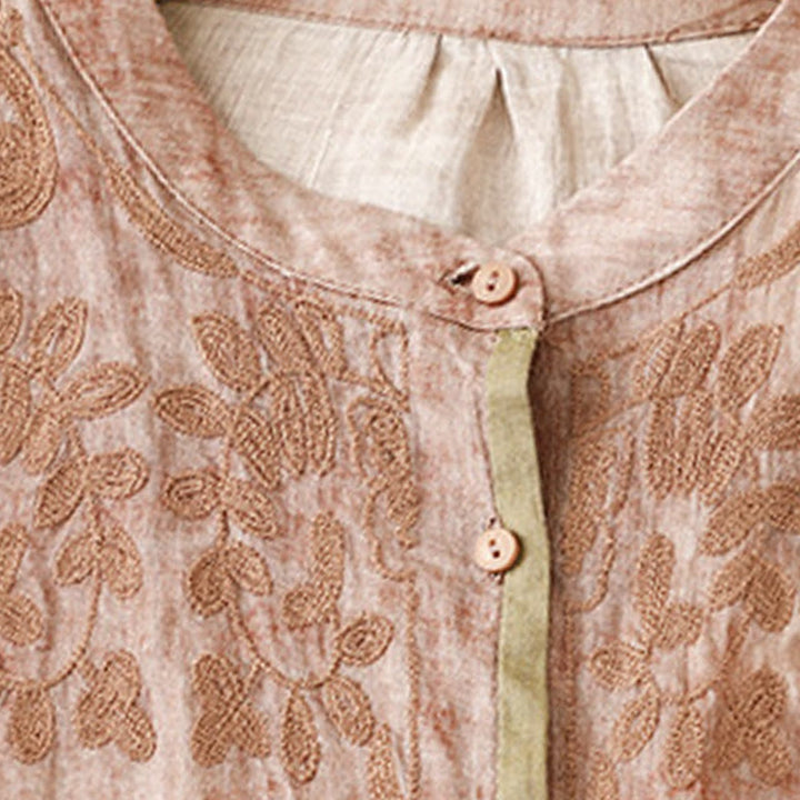 Buddha Stonesサマーカジュアル刺繍スタンドカラーデザイン七分袖アクリルミディドレス - image 20