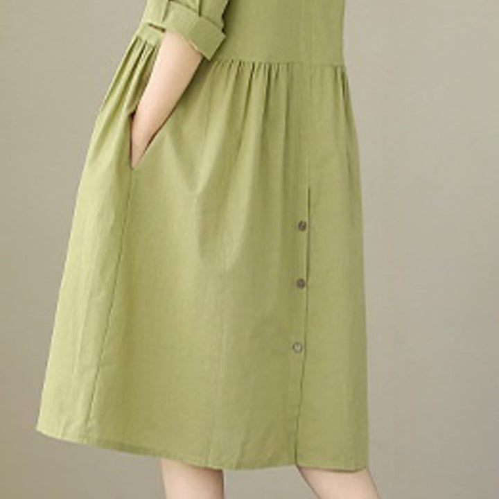 Buddha Stonesサマーカジュアル 無地ボタン スタンドカラーデザイン 七分袖 アクリルカーディガン ミディドレス ポケット付き - image 5