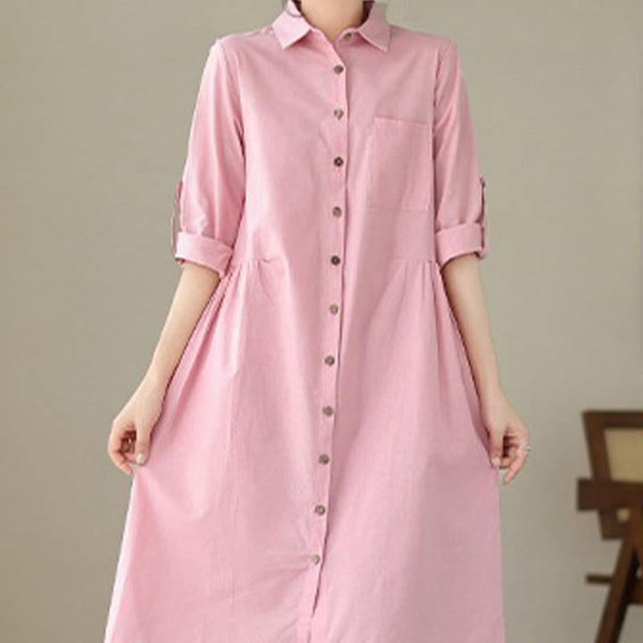 Buddha Stonesサマーカジュアル 無地ボタン スタンドカラーデザイン 七分袖 アクリルカーディガン ミディドレス ポケット付き - image 14