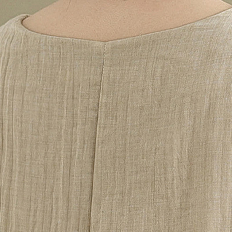 Buddha Stonesサマーカジュアルプレーンデザインクルーネック半袖コットンリネン混紡ダブルレイヤーミディド​​レス - image 6