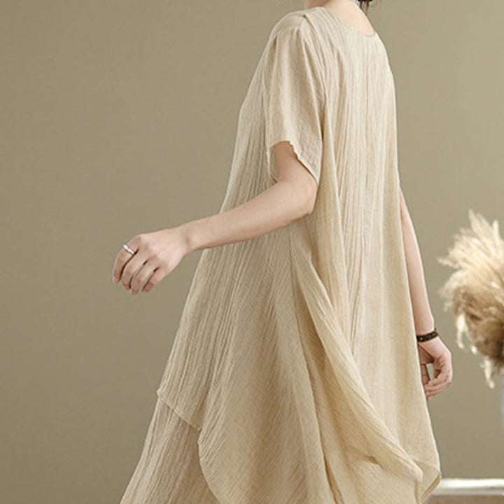 Buddha Stonesサマーカジュアルプレーンデザインクルーネック半袖コットンリネン混紡ダブルレイヤーミディド​​レス - image 4