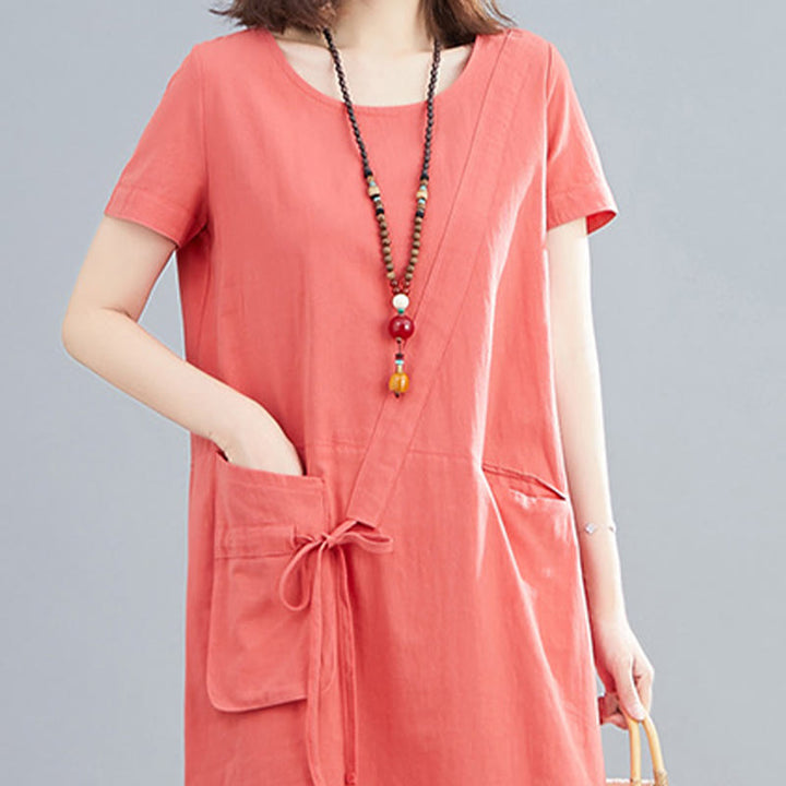 Buddha Stonesサマーカジュアル 無地 レースアップデザイン クルーネック 半袖 コットンリネン ミディドレス ポケット付き - image 6