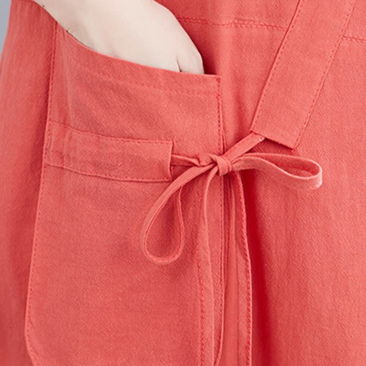 Buddha Stonesサマーカジュアル 無地 レースアップデザイン クルーネック 半袖 コットンリネン ミディドレス ポケット付き - image 14