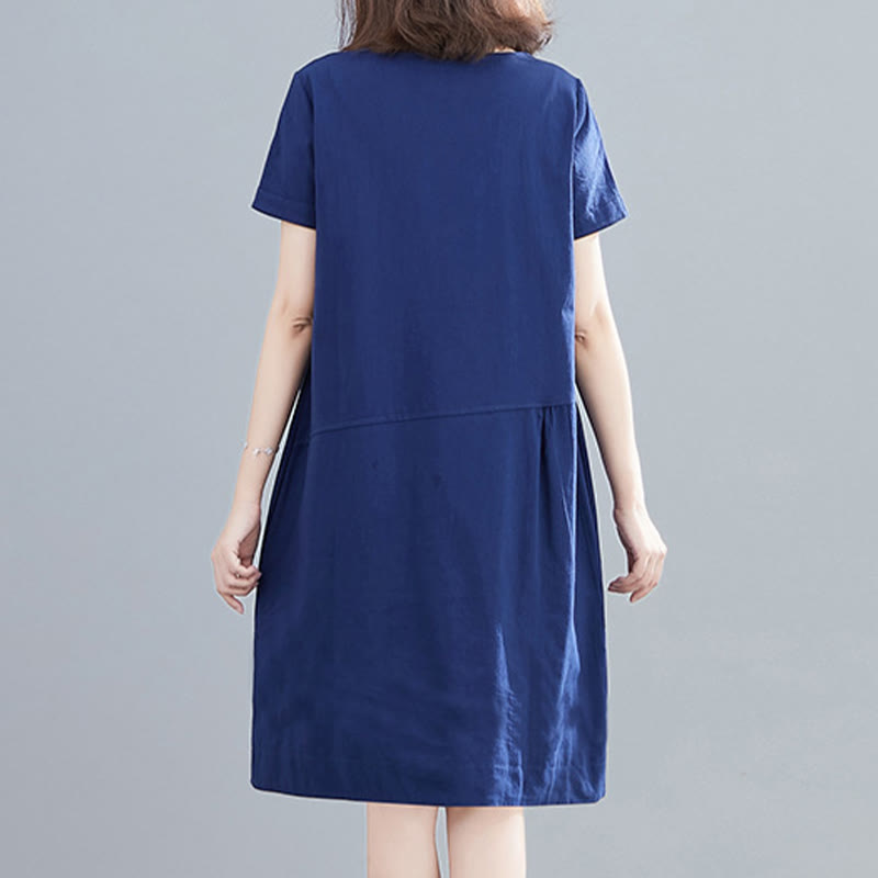 Buddha Stonesサマーカジュアル 無地 レースアップデザイン クルーネック 半袖 コットンリネン ミディドレス ポケット付き - image 24