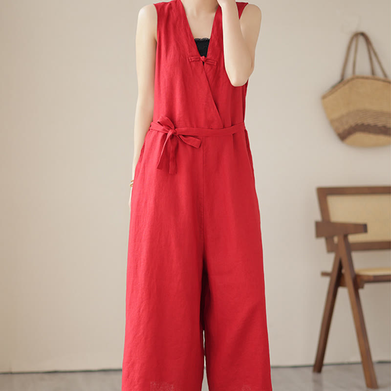 Buddha Stonesカジュアル レースアップ シンプル ノースリーブ デザイン レディース コットン リネン ジャンプスーツ ポケット付き - image 8