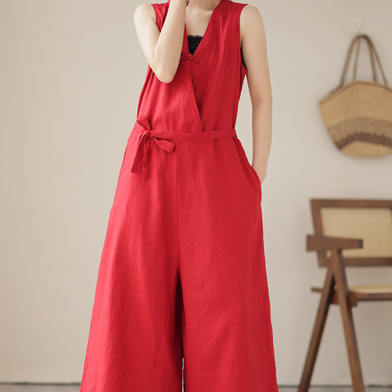 Buddha Stonesカジュアル レースアップ シンプル ノースリーブ デザイン レディース コットン リネン ジャンプスーツ ポケット付き - image 10