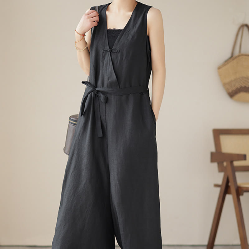 Buddha Stonesカジュアル レースアップ シンプル ノースリーブ デザイン レディース コットン リネン ジャンプスーツ ポケット付き - image 19