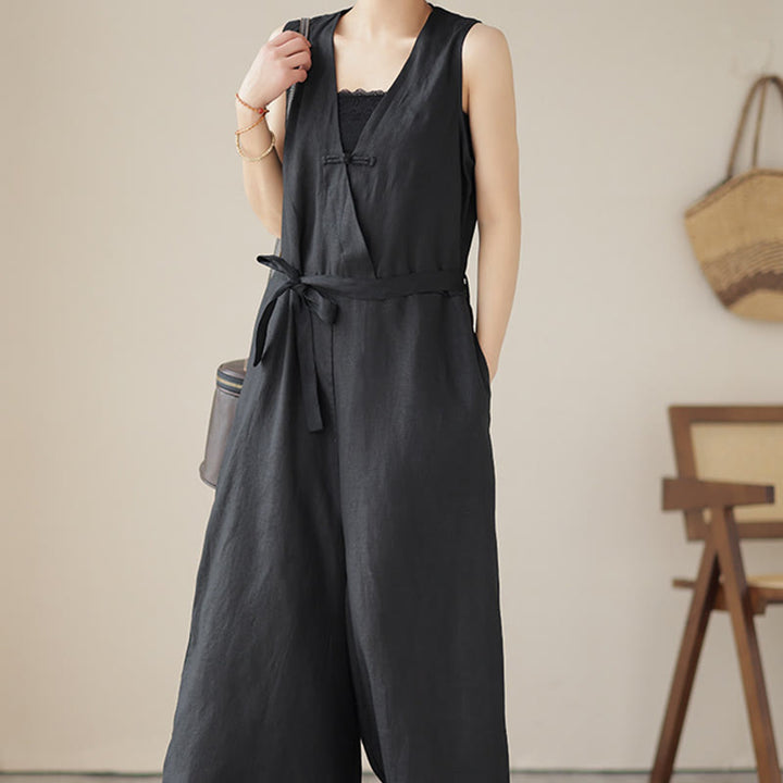 Buddha Stonesカジュアル レースアップ シンプル ノースリーブ デザイン レディース コットン リネン ジャンプスーツ ポケット付き - image 19