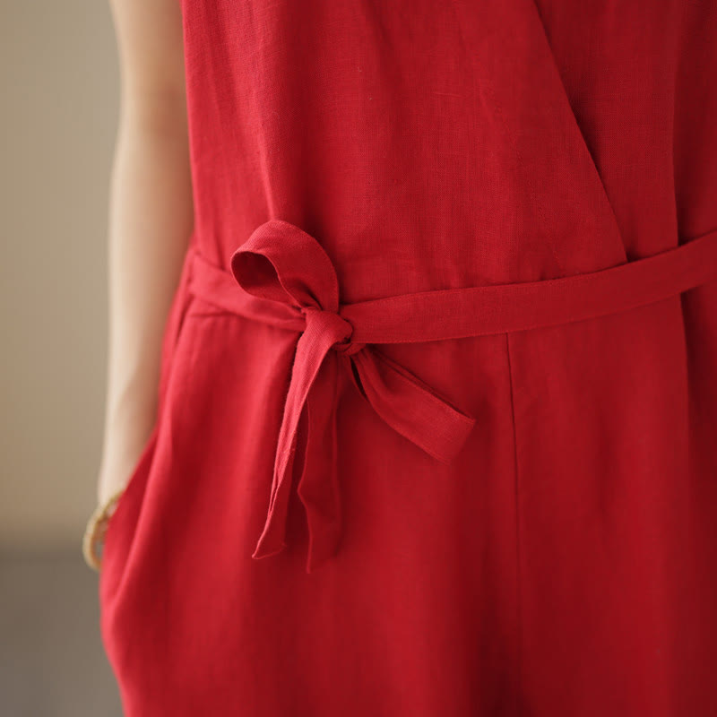 Buddha Stonesカジュアル レースアップ シンプル ノースリーブ デザイン レディース コットン リネン ジャンプスーツ ポケット付き - image 15