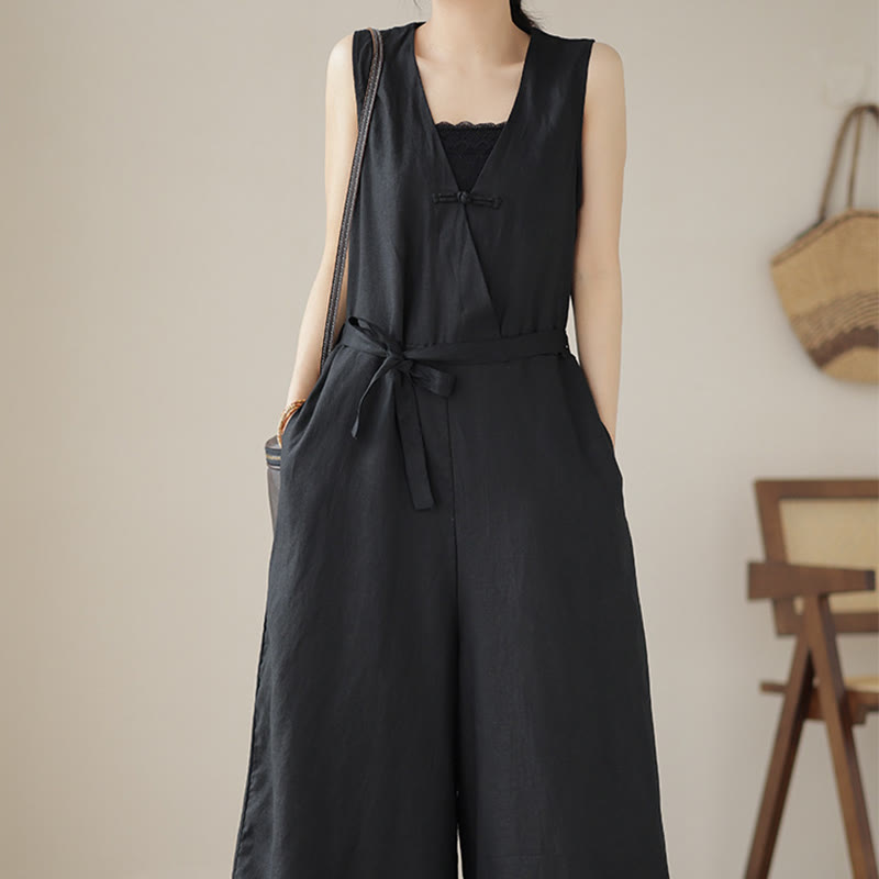 Buddha Stonesカジュアル レースアップ シンプル ノースリーブ デザイン レディース コットン リネン ジャンプスーツ ポケット付き - image 21