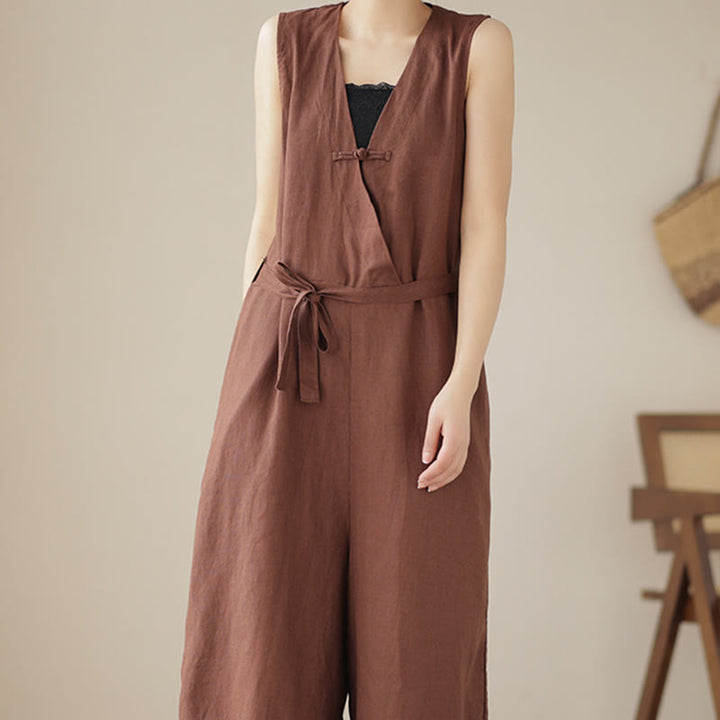 Buddha Stonesカジュアル レースアップ シンプル ノースリーブ デザイン レディース コットン リネン ジャンプスーツ ポケット付き - image 3