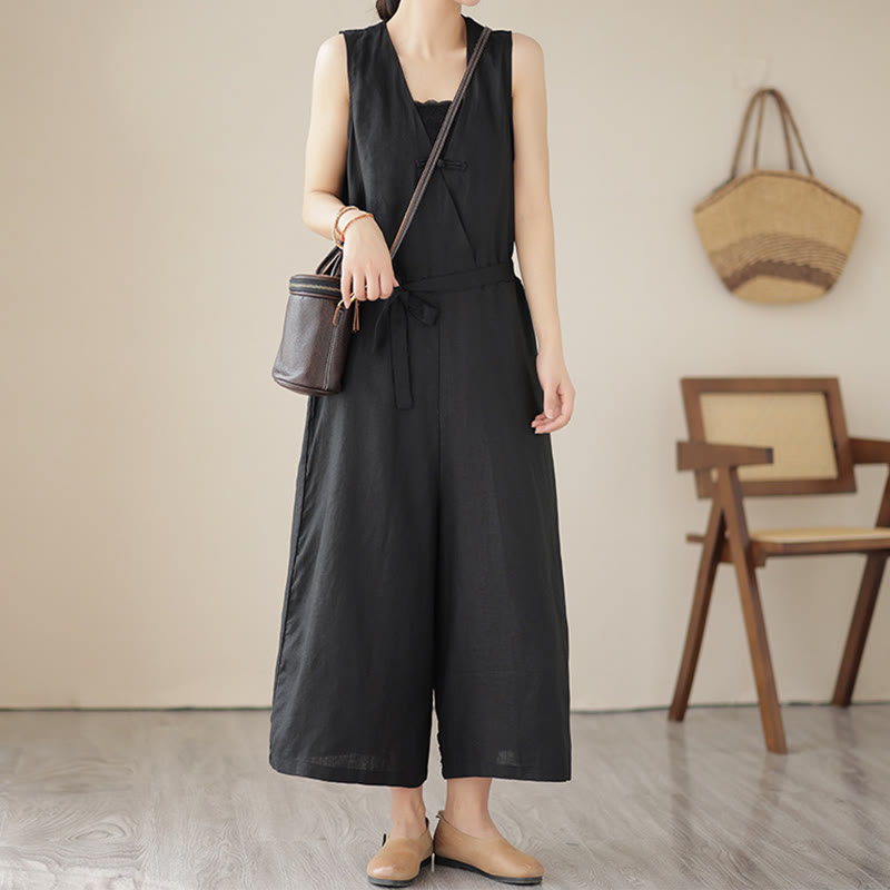 Buddha Stonesカジュアル レースアップ シンプル ノースリーブ デザイン レディース コットン リネン ジャンプスーツ ポケット付き - image 17