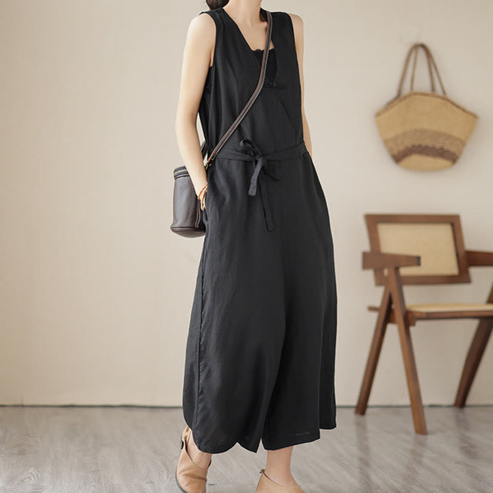 Buddha Stonesカジュアル レースアップ シンプル ノースリーブ デザイン レディース コットン リネン ジャンプスーツ ポケット付き - 黒 - US14、 UK/AU18、 EU46 (2XL) - image 16