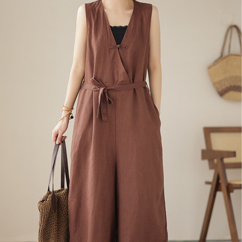 Buddha Stonesカジュアル レースアップ シンプル ノースリーブ デザイン レディース コットン リネン ジャンプスーツ ポケット付き - image 1