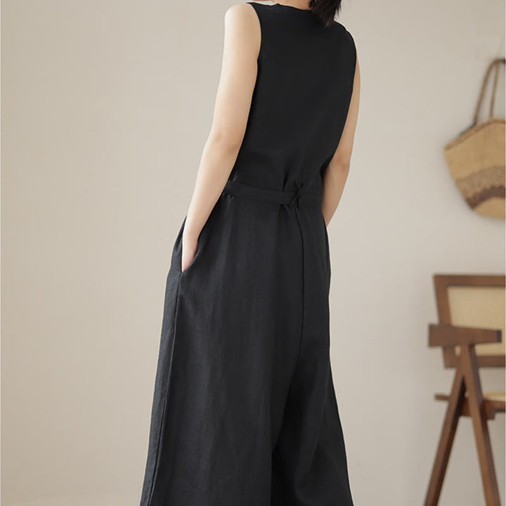 Buddha Stonesカジュアル レースアップ シンプル ノースリーブ デザイン レディース コットン リネン ジャンプスーツ ポケット付き - image 20