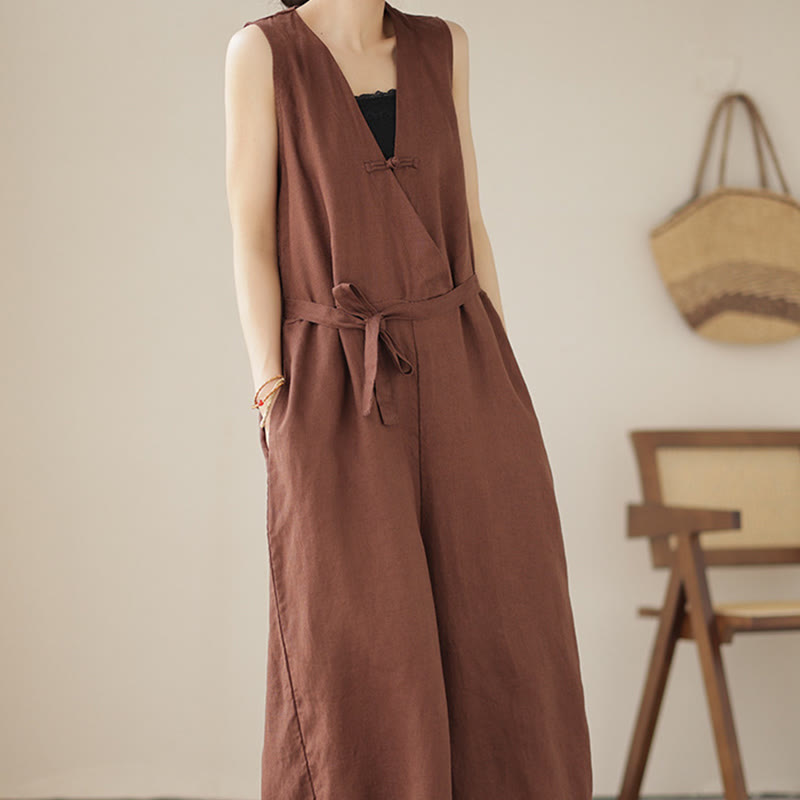 Buddha Stonesカジュアル レースアップ シンプル ノースリーブ デザイン レディース コットン リネン ジャンプスーツ ポケット付き - image 5