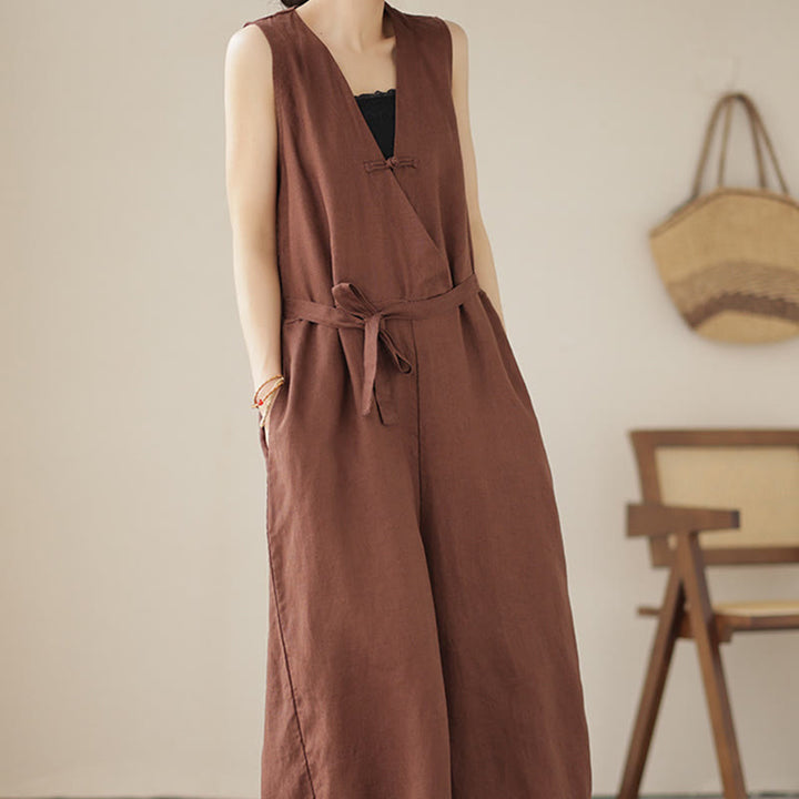 Buddha Stonesカジュアル レースアップ シンプル ノースリーブ デザイン レディース コットン リネン ジャンプスーツ ポケット付き - image 5