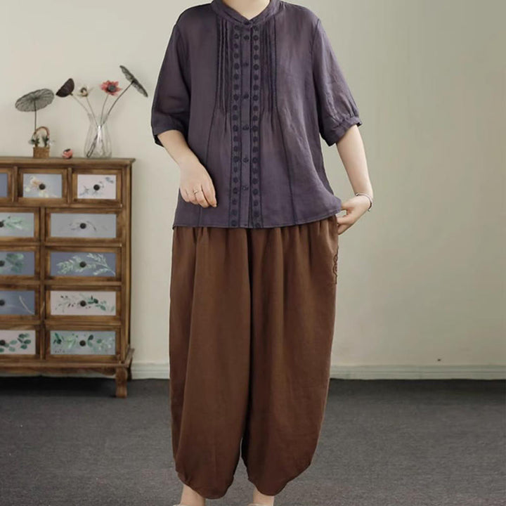 Buddha Stonesヴィンテージ 無地 刺繍 コットンリネン レディース 7-8丈 ハーレムパンツ ポケット付き - image 17