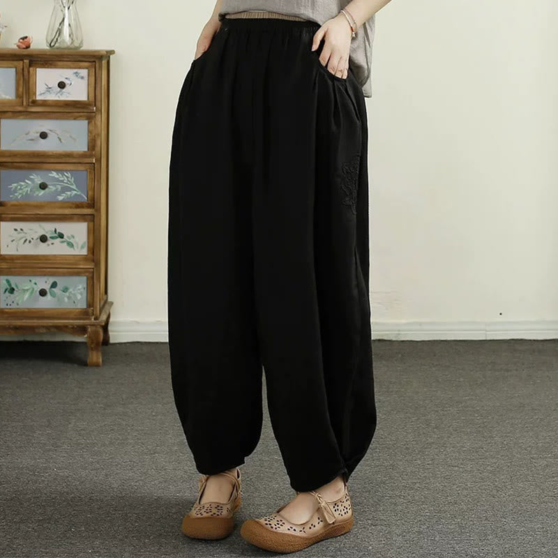 Buddha Stonesヴィンテージ 無地 刺繍 コットンリネン レディース 7-8丈 ハーレムパンツ ポケット付き - 黒 - US6、 UK/AU10、 EU38 (XL) - image 10