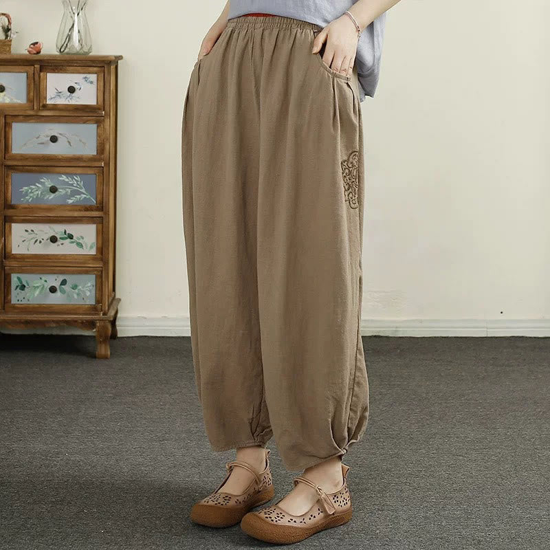Buddha Stonesヴィンテージ 無地 刺繍 コットンリネン レディース 7-8丈 ハーレムパンツ ポケット付き - タン - US6、 UK/AU10、 EU38 (XL) - image 12