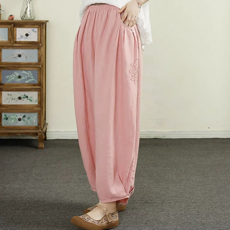 Buddha Stonesヴィンテージ 無地 刺繍 コットンリネン レディース 7-8丈 ハーレムパンツ ポケット付き - ライトピンク - US6、 UK/AU10、 EU38 (XL) - image 18