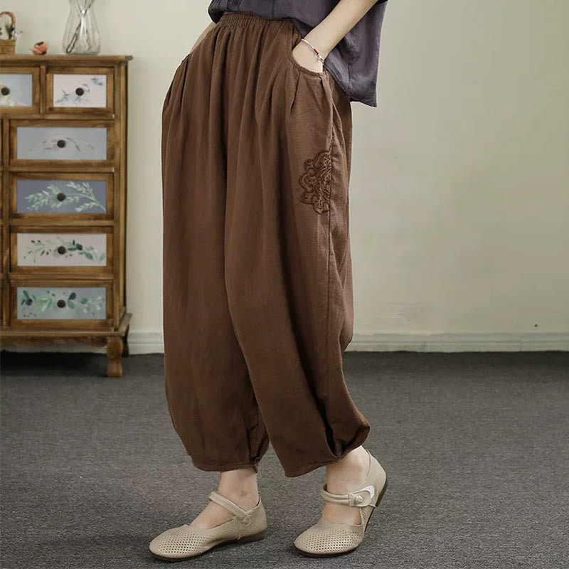Buddha Stonesヴィンテージ 無地 刺繍 コットンリネン レディース 7-8丈 ハーレムパンツ ポケット付き - シエナ - US6、 UK/AU10、 EU38 (XL) - image 14