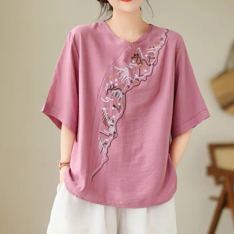 Buddha Stonesエスニックカジュアル刺繍幾何学模様レディースクルーネックデザイン半袖Tシャツ - ホットピンク - US14、 UK/AU18、 EU46 (4XL) - image 2