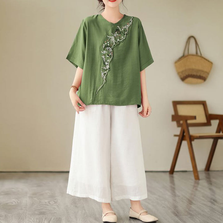 Buddha Stonesエスニックカジュアル刺繍幾何学模様レディースクルーネックデザイン半袖Tシャツ - image 1