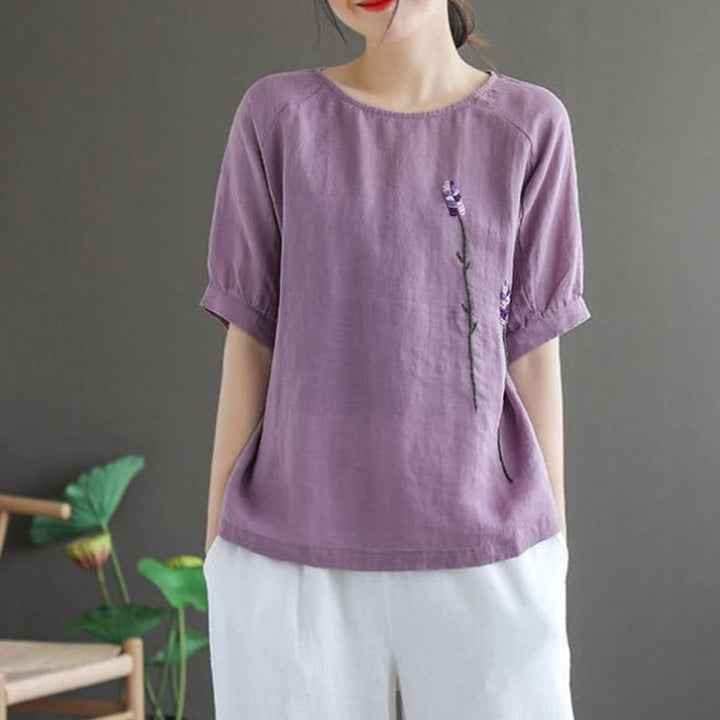 Buddha Stonesサマー ヴィンテージ 刺繍 花柄 レディース クルーネックデザイン コットンリネン Tシャツ - image 1