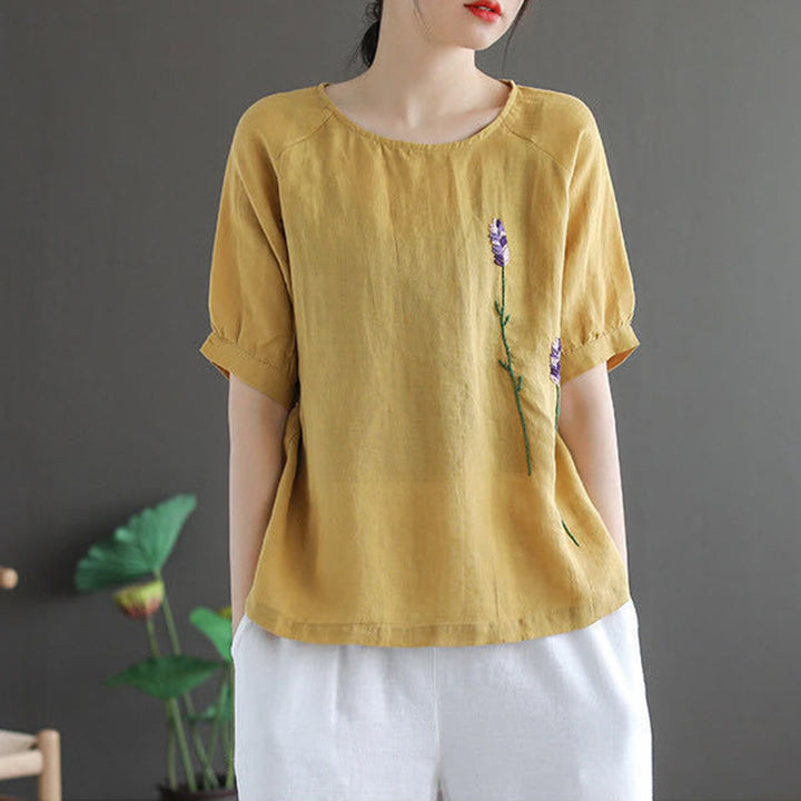 Buddha Stonesサマー ヴィンテージ 刺繍 花柄 レディース クルーネックデザイン コットンリネン Tシャツ - image 8