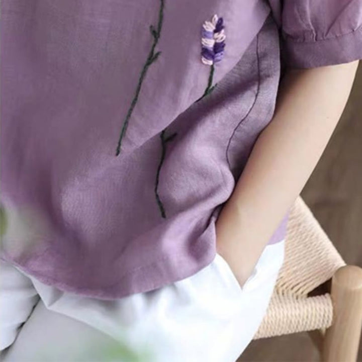 Buddha Stonesサマー ヴィンテージ 刺繍 花柄 レディース クルーネックデザイン コットンリネン Tシャツ - image 5