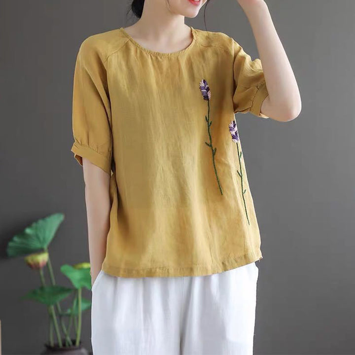 Buddha Stonesサマー ヴィンテージ 刺繍 花柄 レディース クルーネックデザイン コットンリネン Tシャツ - image 10