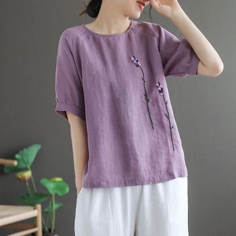 Buddha Stonesサマー ヴィンテージ 刺繍 花柄 レディース クルーネックデザイン コットンリネン Tシャツ - image 4